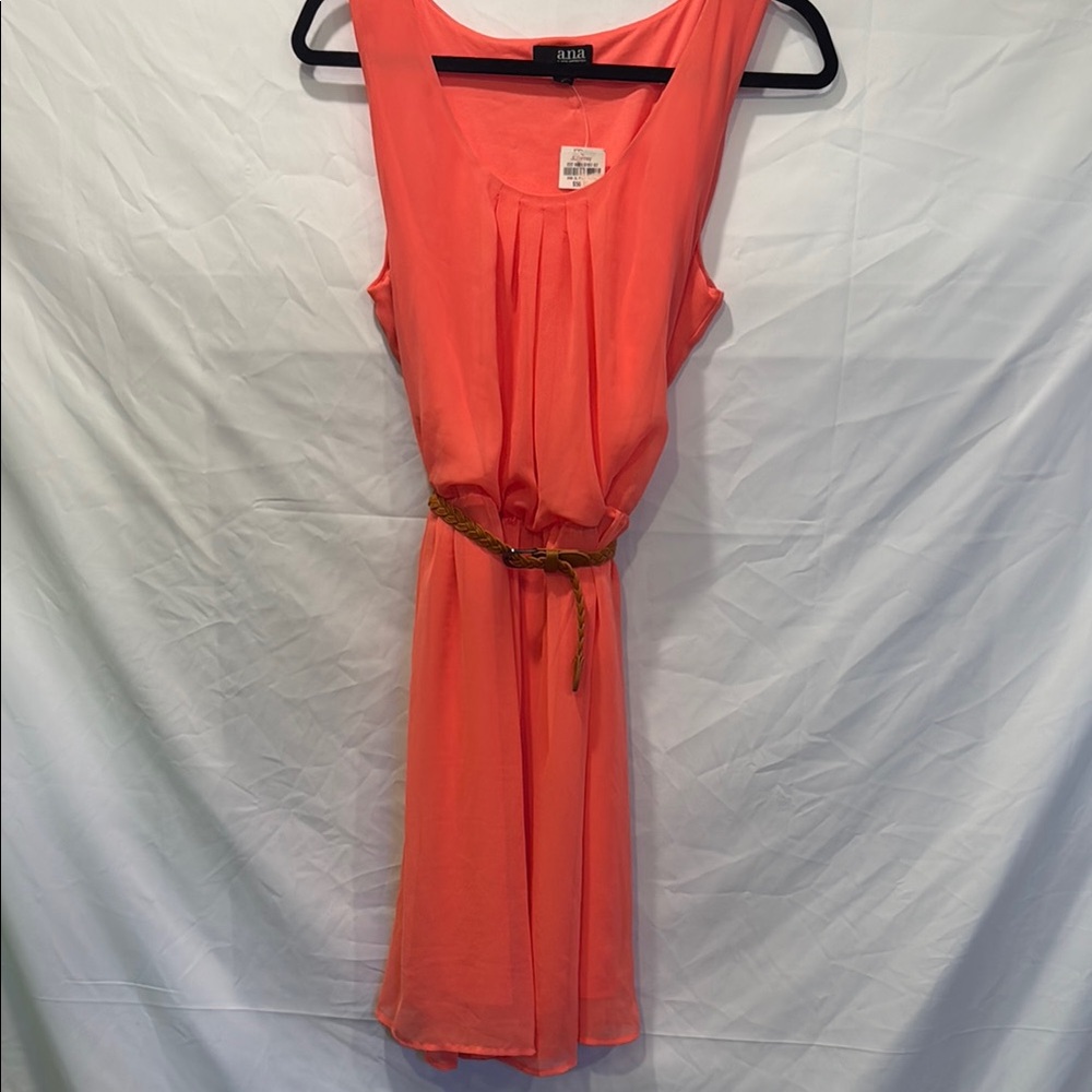 a.n.a Coral Pink Sleeveless Scoop Neck Mini Sundress with Braided Belt NWT L